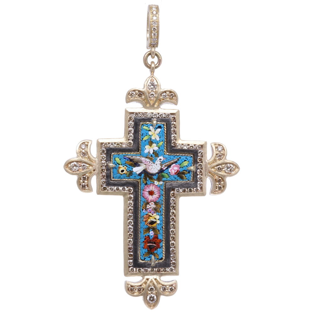Micro Mosaics in the Cynthia Ann collection are from the Grand Tour period 17-19th century. During this time students traveled to France, Italy and most of Europe to further enrich their Classical studies. These students collected micro mosaic pictorial images as they traveled. This spectacular Italian turquoise micro mosaic masterpiece is enhanced with a Cynthia Ann 14k yellow gold 11.03g, diamond 1.70 tcw, and rhodium sterling bezel. The turquoise tiles are arranged around the mosaic pink, red and white flowers. Flowers and plants were created by God and they express divine goodness, truth, and beauty. Italian Grand Tour Turquoise Mosaic Cross Pendant