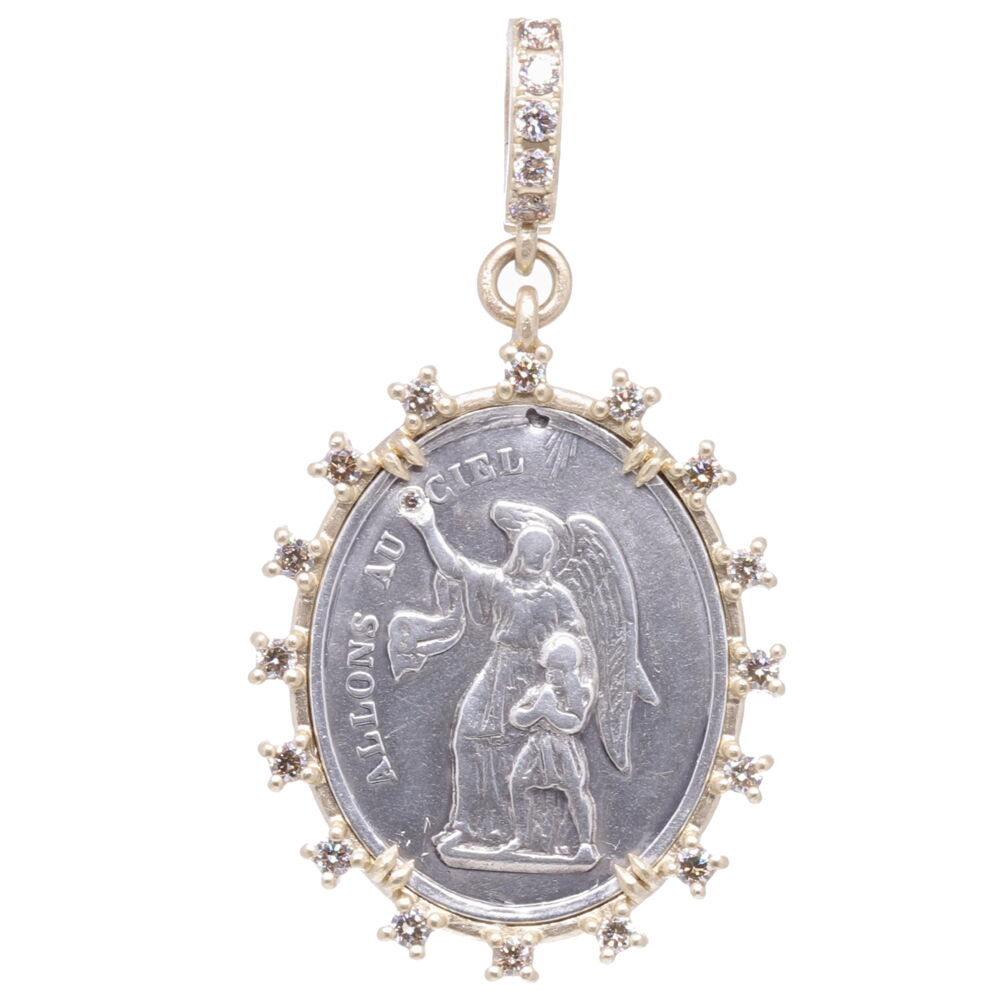 This French Guardian Angel has a powerful message on the front which translates to "To go to Heaven" and the back "There is our model". Belief in Guardian Angels can be traced throughout all antiquity. This French medal represents your Guardian Angel that has been with you since you took your first breath and will be with you when you pass out of your body and return to the spiritual realms. This angel is unique to you and is there to guide you through your “spiritual journey” here on earth. She is a reminder of your faith in God and that you are never alone. This French medal is set inside a Cynthia Ann 14k yellow gold 5.93g, champagne diamond 0.80tcw, and rhodium sterling bezel. Antique French Guardian Angel Pendant