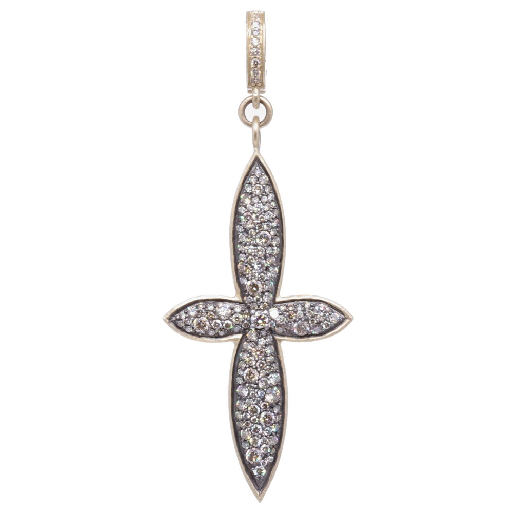This large classic cross is handcrafted from 14k yellow gold, rhodium sterling, and champagne diamonds 1.60 tcw. Large Classic Pave Diamond Cross Pendant