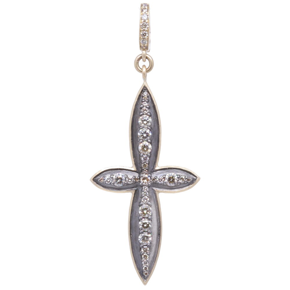 This classic cross was handcrafted using 14k yellow gold, champagne diamonds 1.65 tcw, and rhodium sterling. Large Classic Diamond Cross Pendant