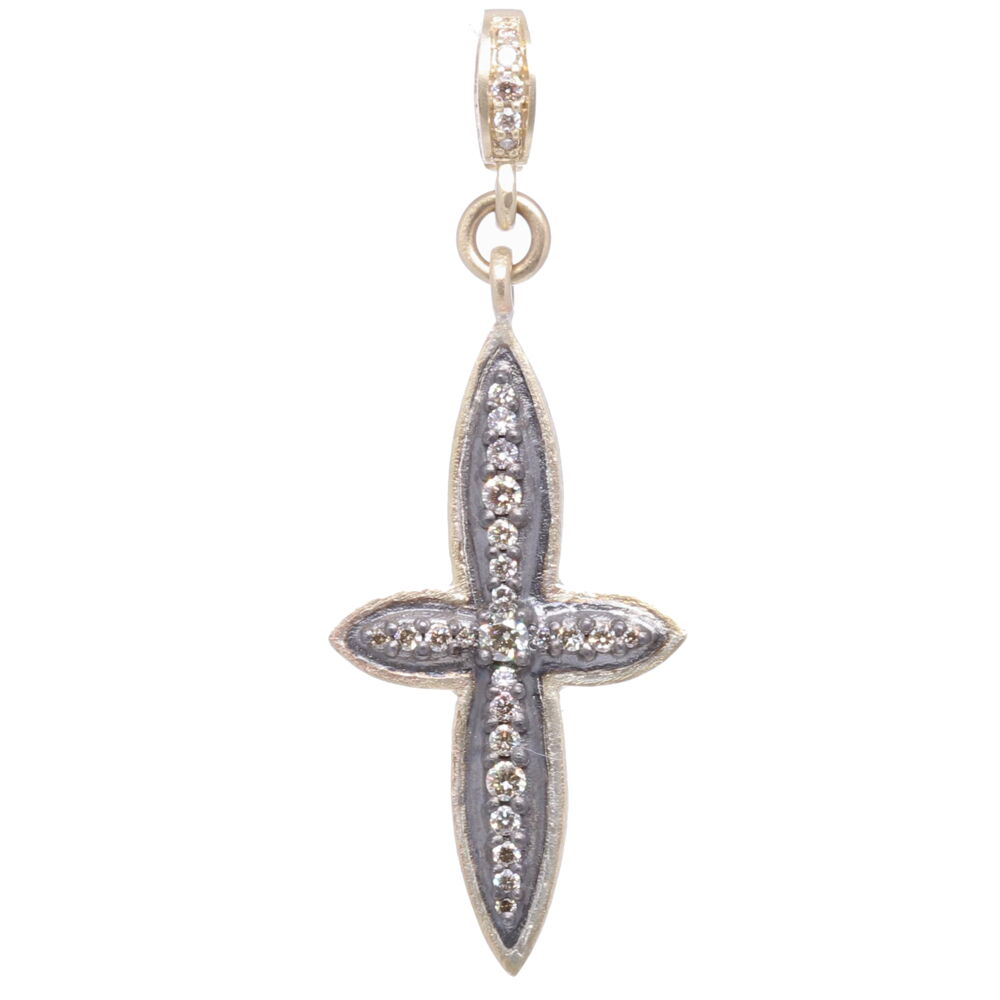 This small sized cross is perfect to stack or wear alone. It's handmade using 14k yellow gold, rhodium sterling, and champagne diamonds 0.35 tcw. Small Classic Diamond Cross Pendant