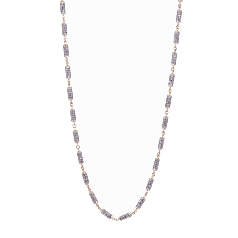 This barrel diamond necklace is 19" handcrafted with 14k yellow gold 8.8g, rhodium sterling, and champagne diamonds 6.95 tcw. The flower shaped beads are 0.12" in width and 0.67 length. Diamond Barrel Necklace 19"