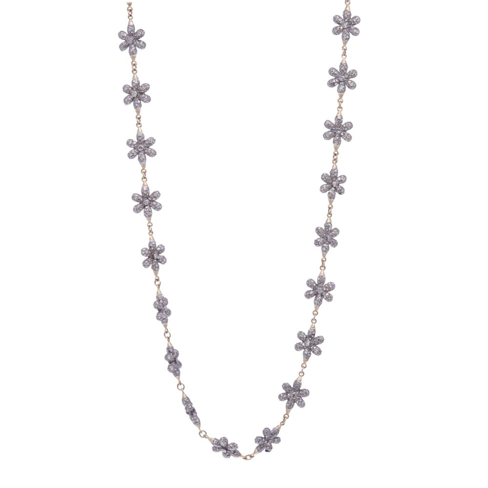 This floral diamond necklace is 21" handcrafted with 14k yellow gold 6.2g, rhodium sterling, and champagne diamonds 10.75 tcw. The flower shaped beads are 0.37" in width and 0.53 length. Diamond Floral Necklace 21"
