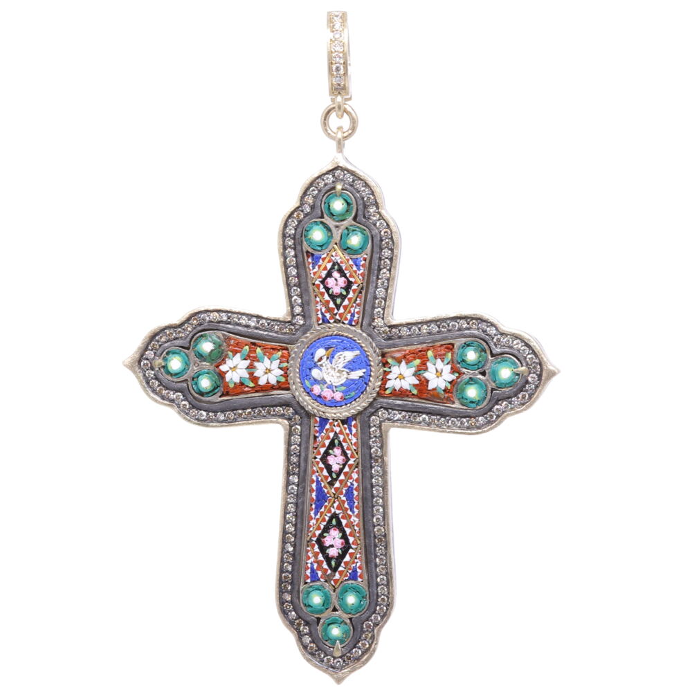 This original Italian Micro Mosaic Cross from the Grand Tour period 1680-1880. During that time students were traveling to Europe to further enrich their classical studies, they brought home a small piece from their travels. The Micro Mosaics were handcrafted in Italy using tiny glass fragments called tesserae. Doves symbolize the Holy Spirit and send us important messages from the Divine. A dove is a reminder that there is always hope and peace if you seek it. This original Grand Tour micro mosaic is set in a Cynthia Ann 14k yellow gold 6.85g, champagne diamond 0.90 tcw, and rhodium sterling bezel. The Cross has manly green, deep maroon, and blue tiles. Italian Grand Tour Micro Mosaic Cross Pendant