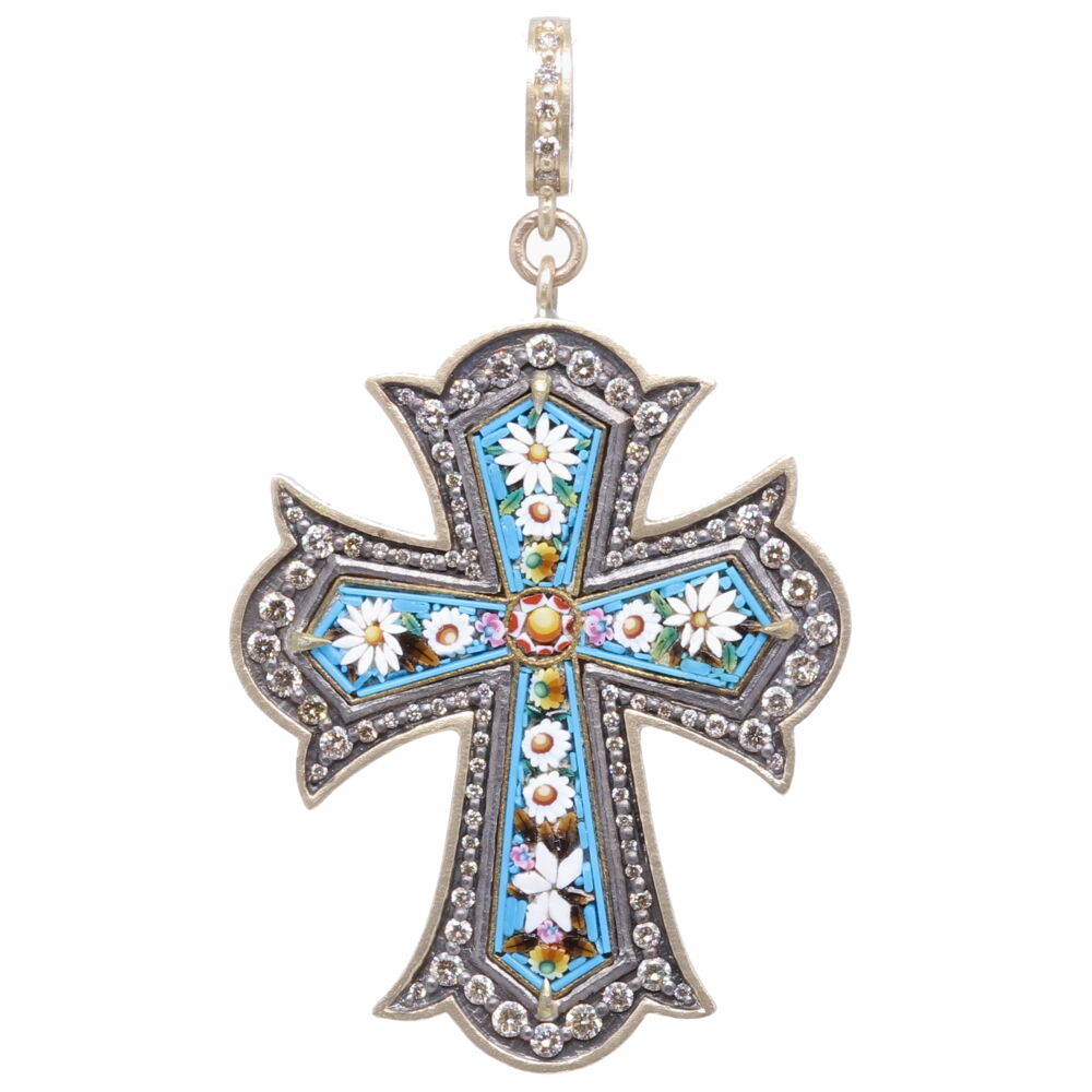This antique turquoise micro mosaic cross is from the Grand Tour period from 1680-1880. This spectacular piece is enhanced with a Cynthia Ann 14k yellow gold 6.85g, champagne diamond 1.30 tcw, and rhodium sterling bezel. The turquoise tiles are arranged around the mosaic pink and white flowers. Our micro mosaics are our newest addition to the collection and truly a statement. Flowers and plants were created by God and they express divine goodness, truth, and beauty. Turquoise Italian Grand Tour Micro Mosaic Cross