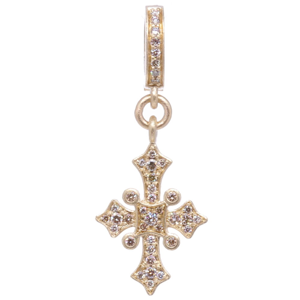 This classic cross was handcrafted using solid 14k yellow gold 3.24g and champagne diamonds 0.40 tcw. Classic Tiny Cross Pendant