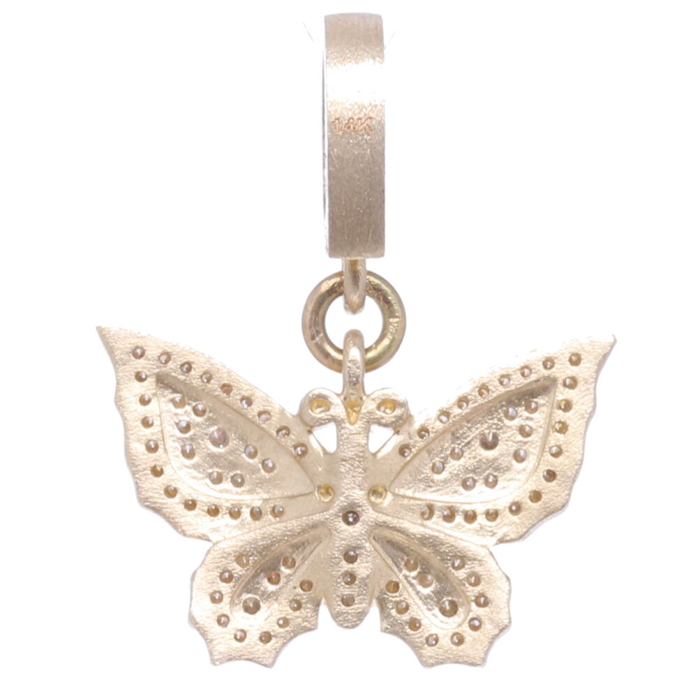 The butterfly is the symbol of resurrection and eternal life because they metamorphose from a caterpillar to a chrysalis and finally becomes a butterfly. Many believe that the soul left the body in the form of a butterfly. Aristotle named the butterfly 'psyche' which is the Greek word for Soul. This pendant has 4.99g 14k yellow gold and champagne diamonds 0.50 tcw. The bale has a 4mm opening. Classic Butterfly Pendant