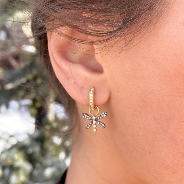 These charming tiny sized dragonfly charms are handcrafted from 14k yellow gold 0.72g, rhodium sterling, and champagne diamond 0.36 tcw. All earring charms are sold separately from the huggie. Dragonfly Earring Charms with Two Tone