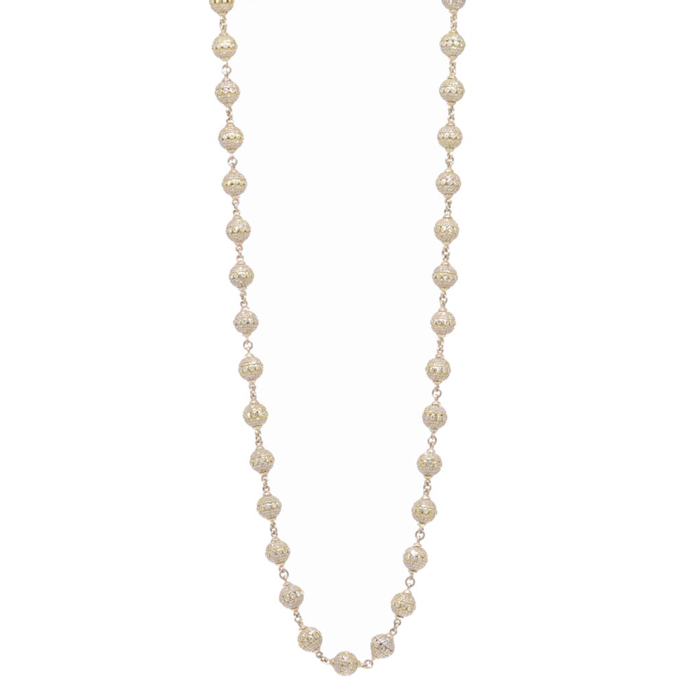 This handcrafted diamond sphere chain is 26" in length. Complete with 25.00 carats of diamond and 14k yellow gold. Each sphere is 0.33" in diameter. Large Diamond Sphere Link Chain 26"