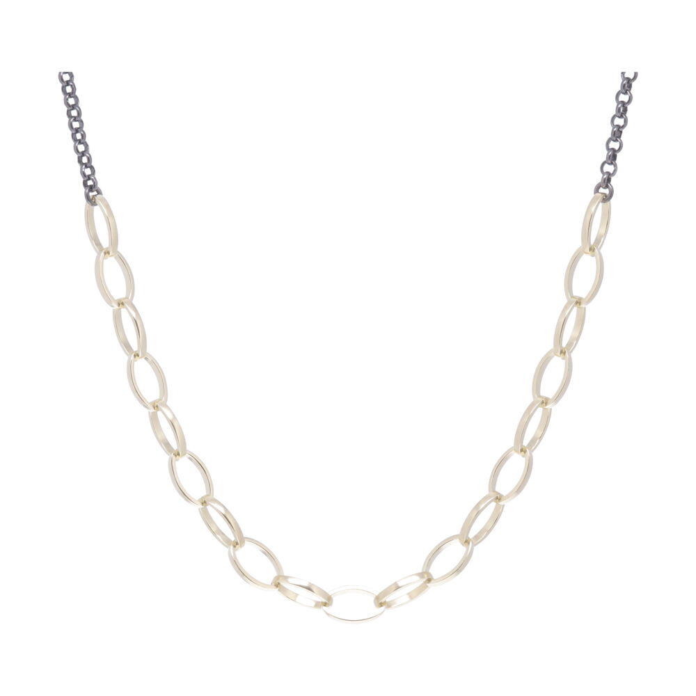 14k Yellow Gold, Blackeded Rhodium Silver, 19 Gold Links, Jump Ring @ 16" Oval Link Collar Necklace