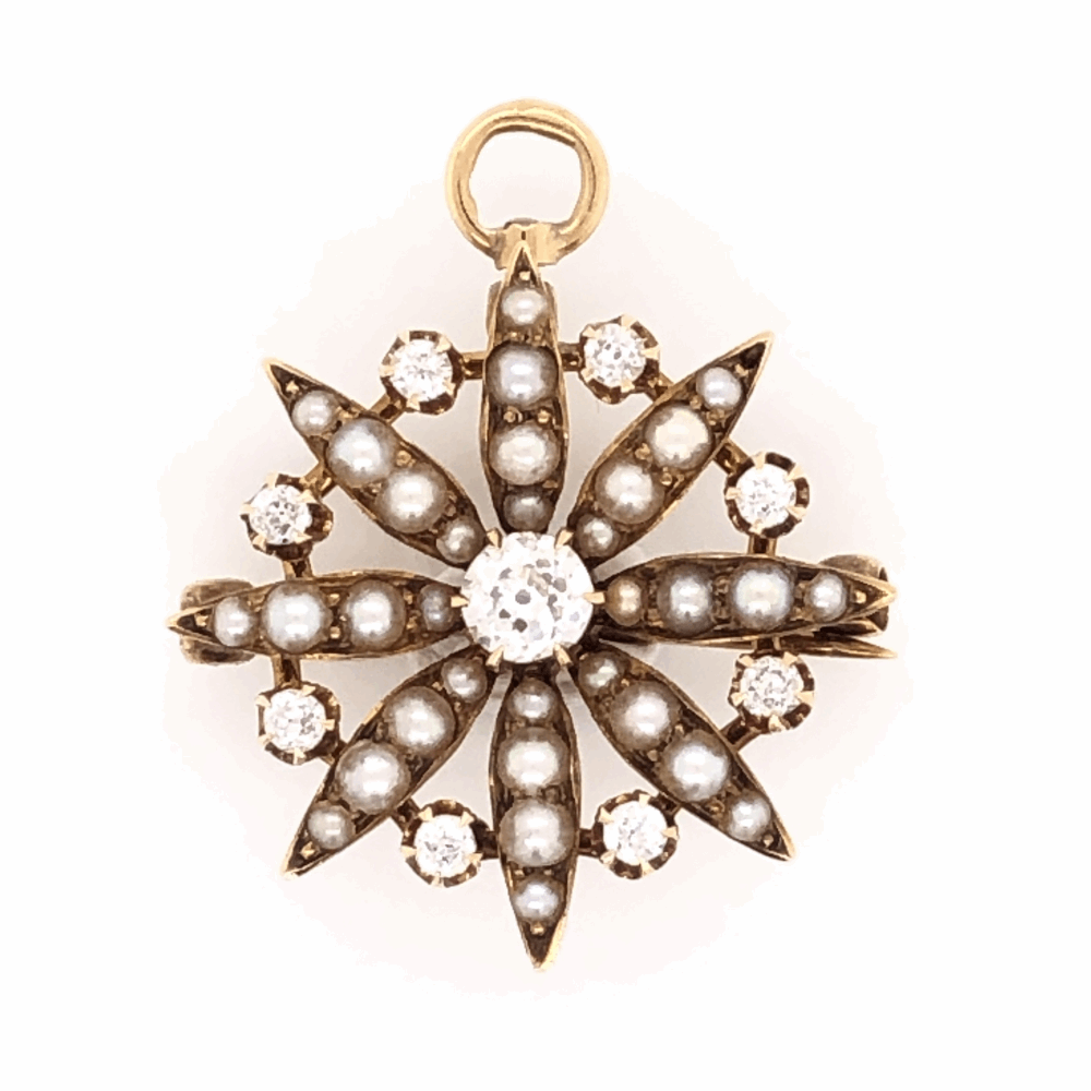 This is an exceptional example of the Victorian Starburst with Clean & White old cut diamonds - very hard to find! 14K YG Victorian Brooch & Pendant 9 diamonds .50tcw