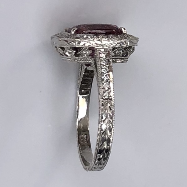 18K White Gold Cushion cut Pink Sapphire ring with pave diamonds and engraving. Size 6.5. 18K White Gold 3.75ct Cushion Pink Sapphire Ring. .55tcw pave diamonds, engraving, s6.5