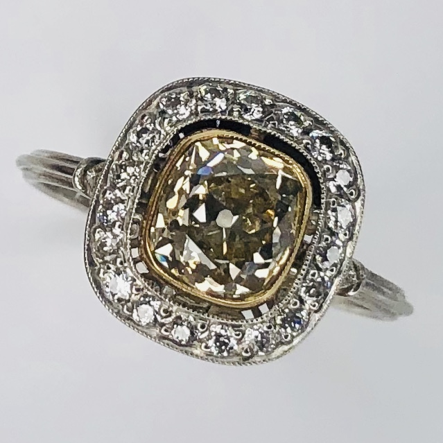 Size 7 Platinum Art Deco 1.42ct Yellow Antique Cushion Diamond Ring & .24tcw side diamonds, s7