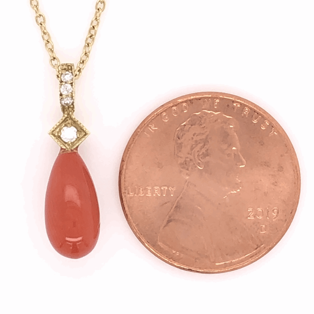 Image 2 for 18K Yellow Gold JUDEFRANCES Coral Briolette Drop Necklace .06tcw diamonds, 16"