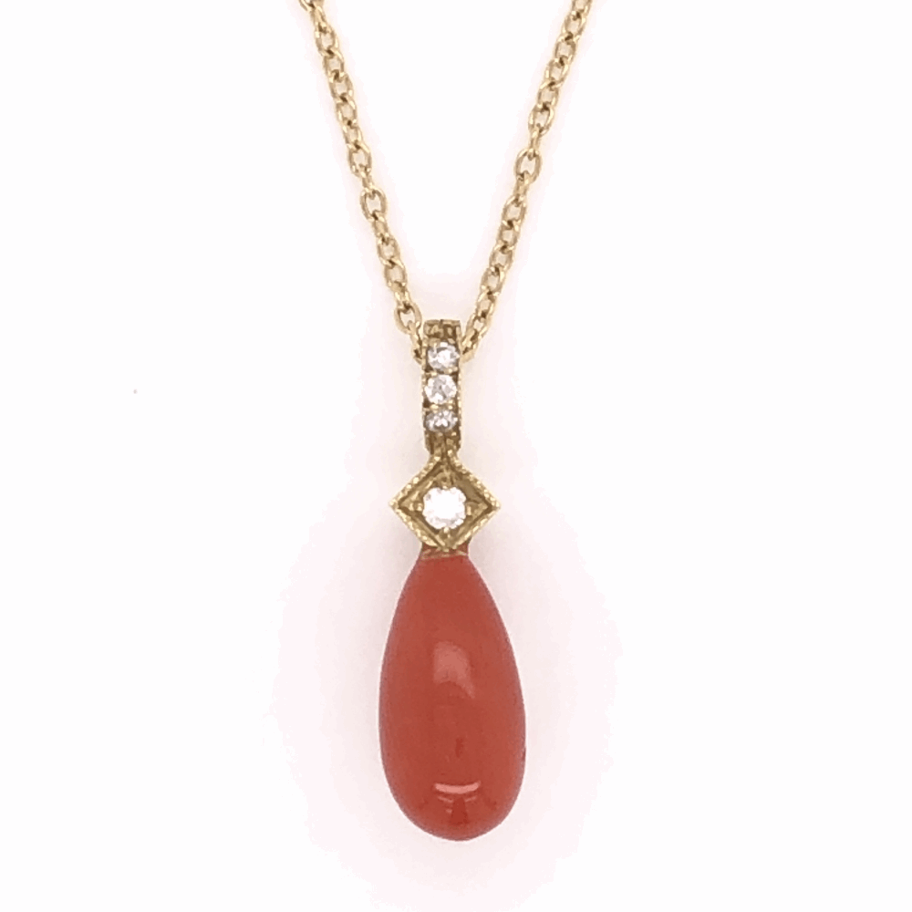 Classic Jude Frances and simple to wear. Jude Frances makes a great gift too! 18K Yellow Gold JUDEFRANCES Coral Briolette Drop Necklace .06tcw diamonds, 16"
