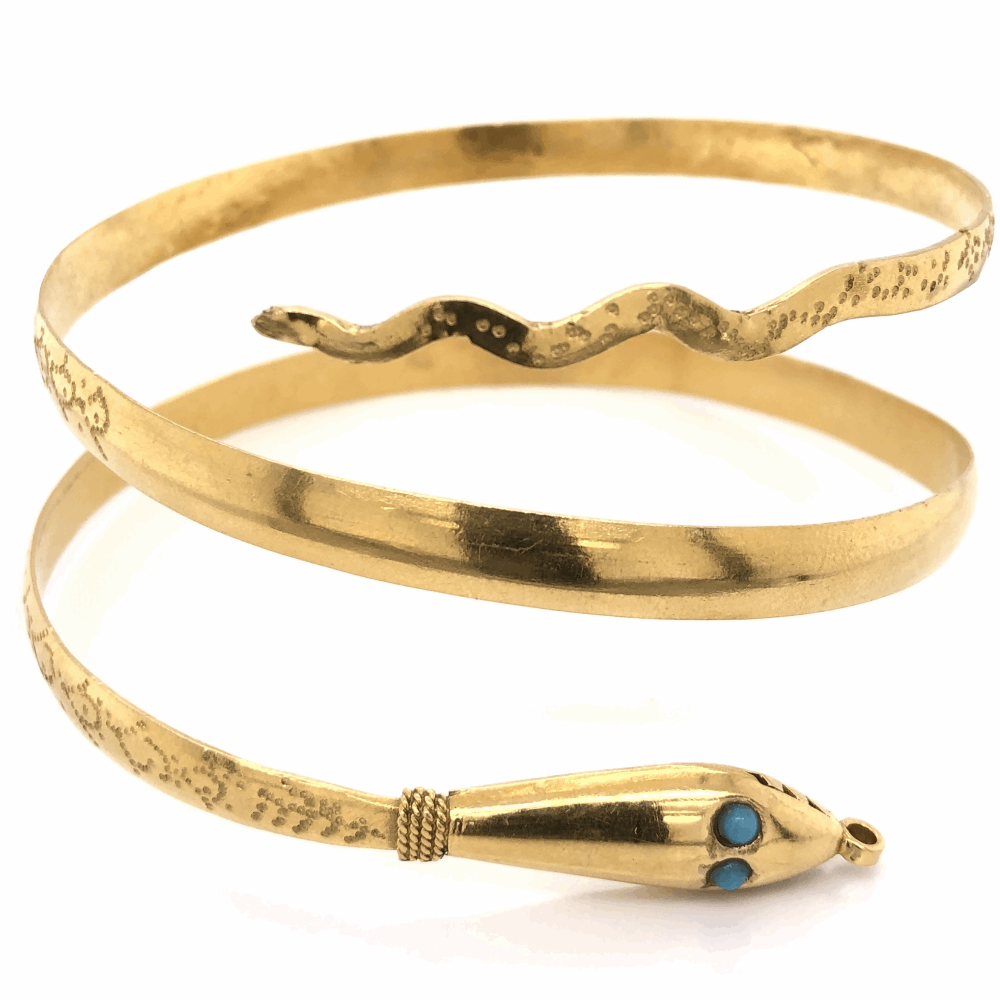 22K Yellow Gold Snake Bracelet 3 wrap wrist or bicep blue stones 45.7g