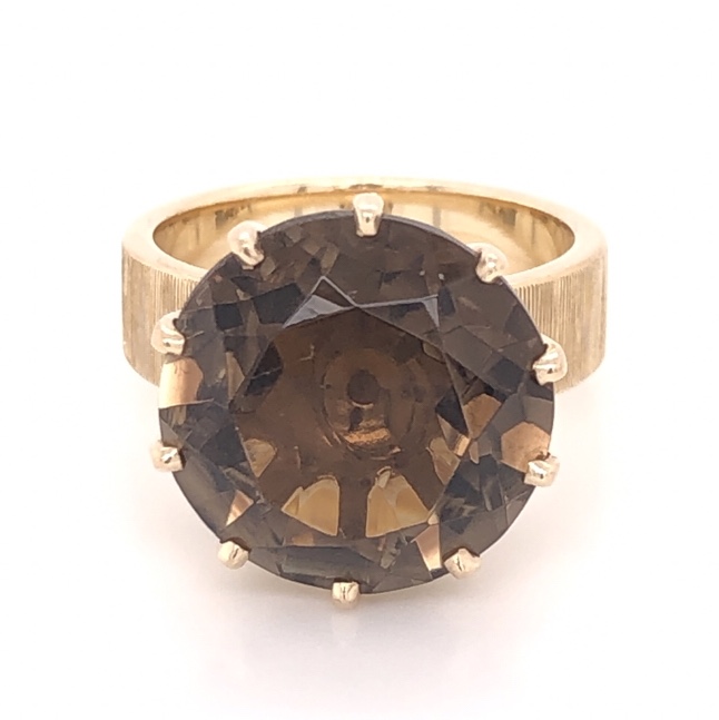 Size 5.75 14K Yellow Gold 9.00ct Smokey Quartz in 10 Prong Brushed Band Ring 7.7g, s5.75