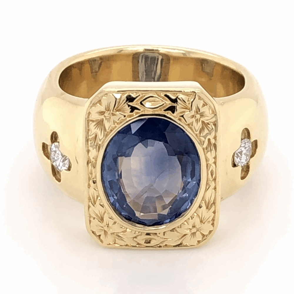Size 8.5 18K Yellow Gold 1960's 4ct Oval Sapphire & .32tcw Diamond Ring 29.2g, s8.5