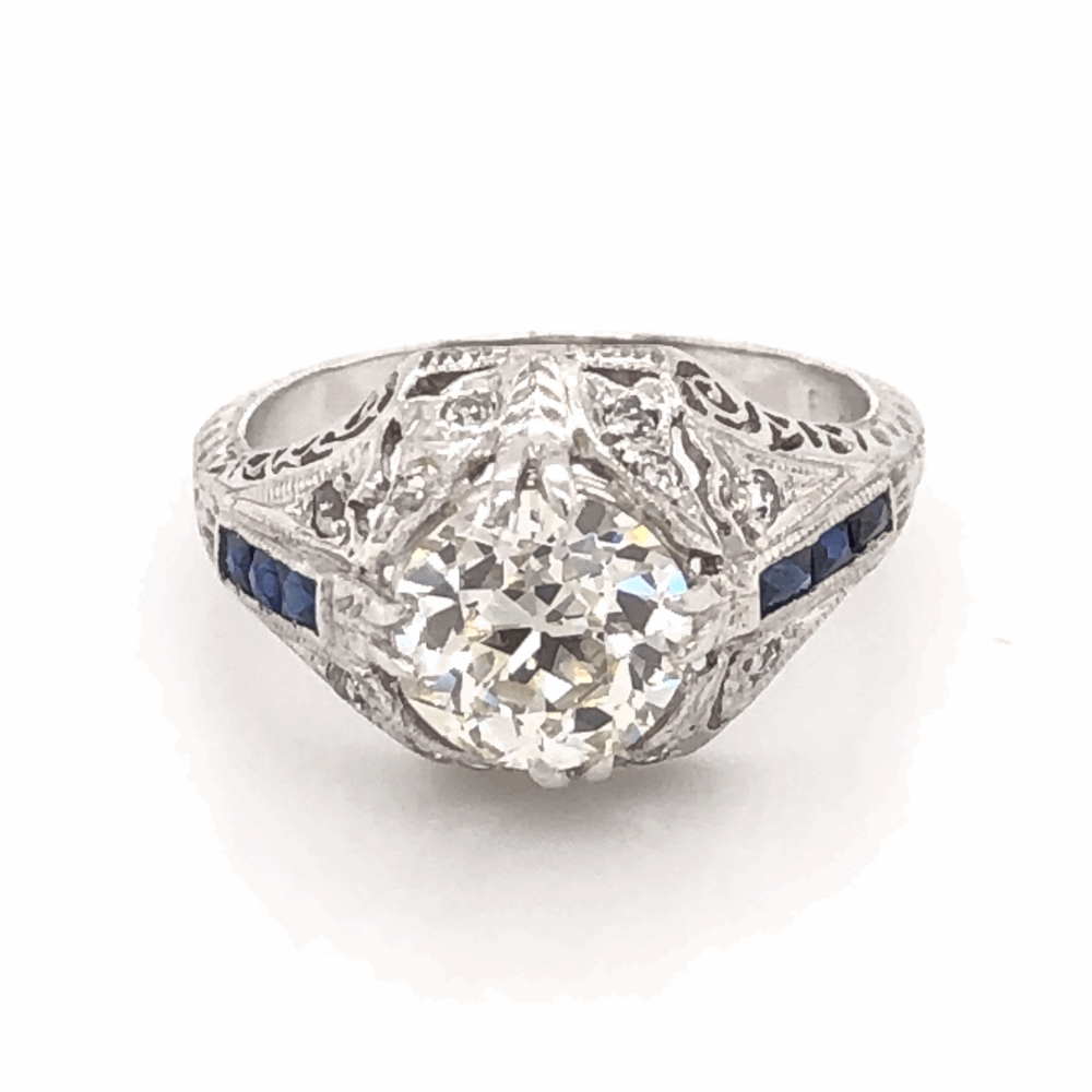 Platinum Art Deco 1.71ct OEC Diamond & .12tcw Side Diamonds with Blue Stones Ring, Engraving & Milgrain 5.0g, s6