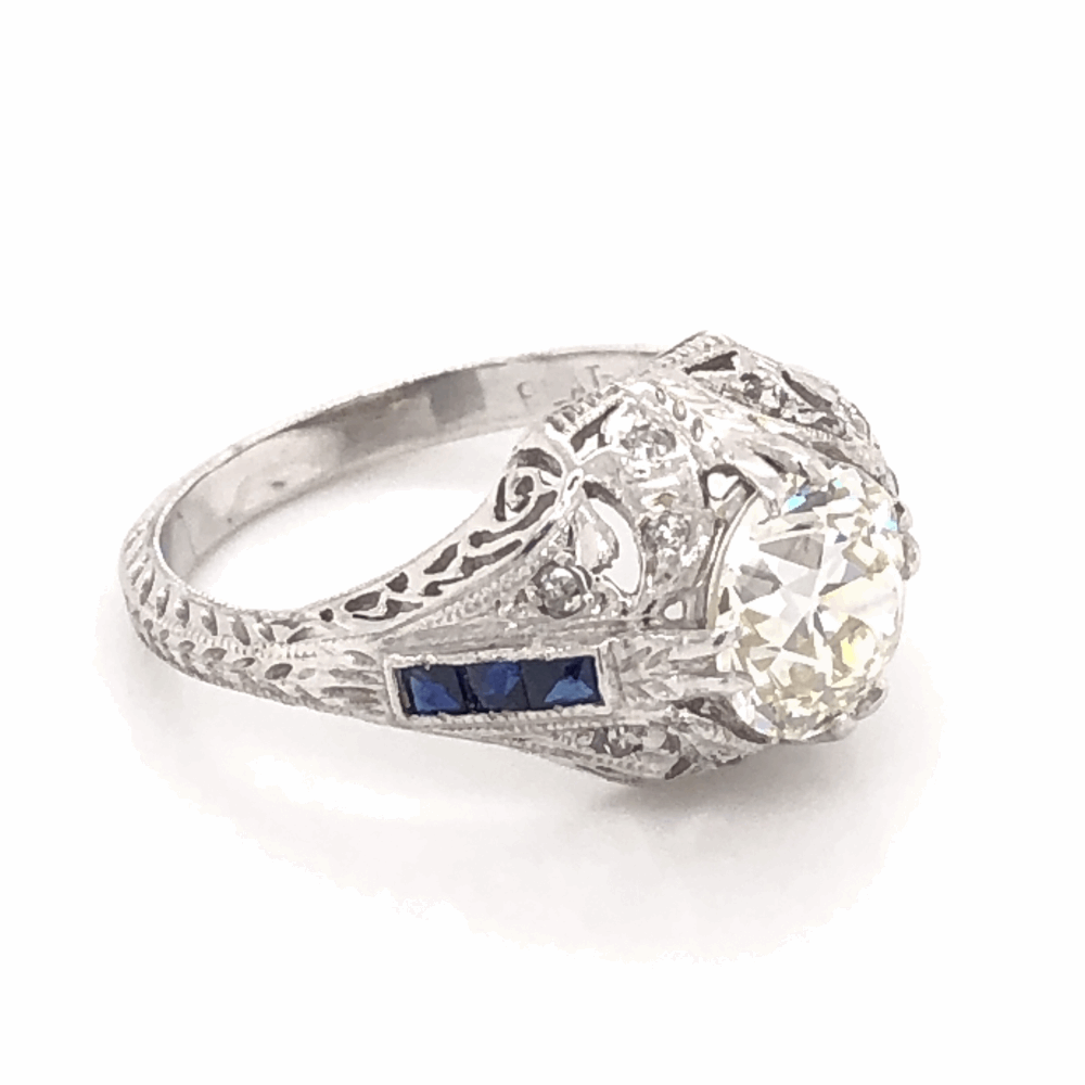 Image 2 for Platinum Art Deco 1.71ct OEC Diamond & .12tcw Side Diamonds with Blue Stones Ring, Engraving & Milgrain 5.0g, s6