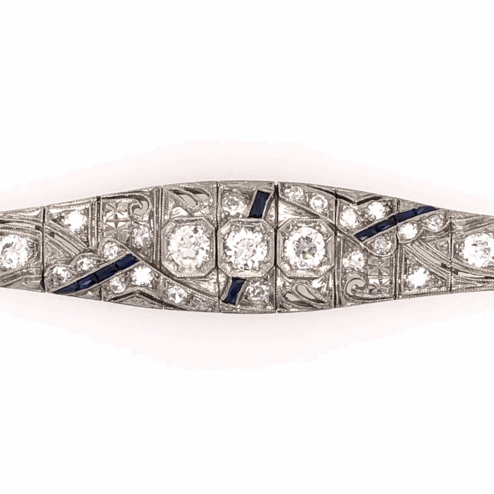 Image 2 for Platinum Art Deco Diamond Bracelet 3.22tcw Old European Cut Diamonds & Synthetic Sapphires