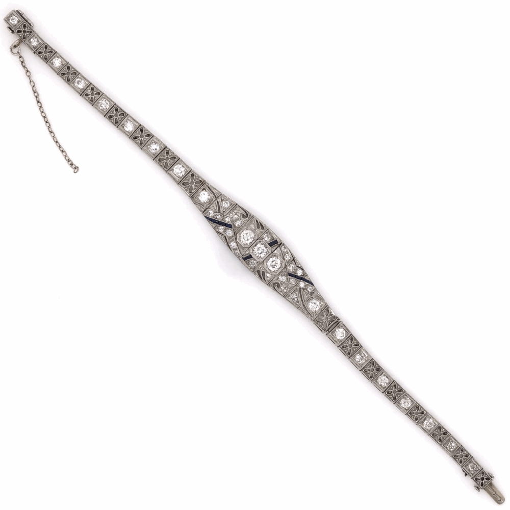 Platinum Art Deco Diamond Bracelet 3.22tcw Old European Cut Diamonds & Synthetic Sapphires