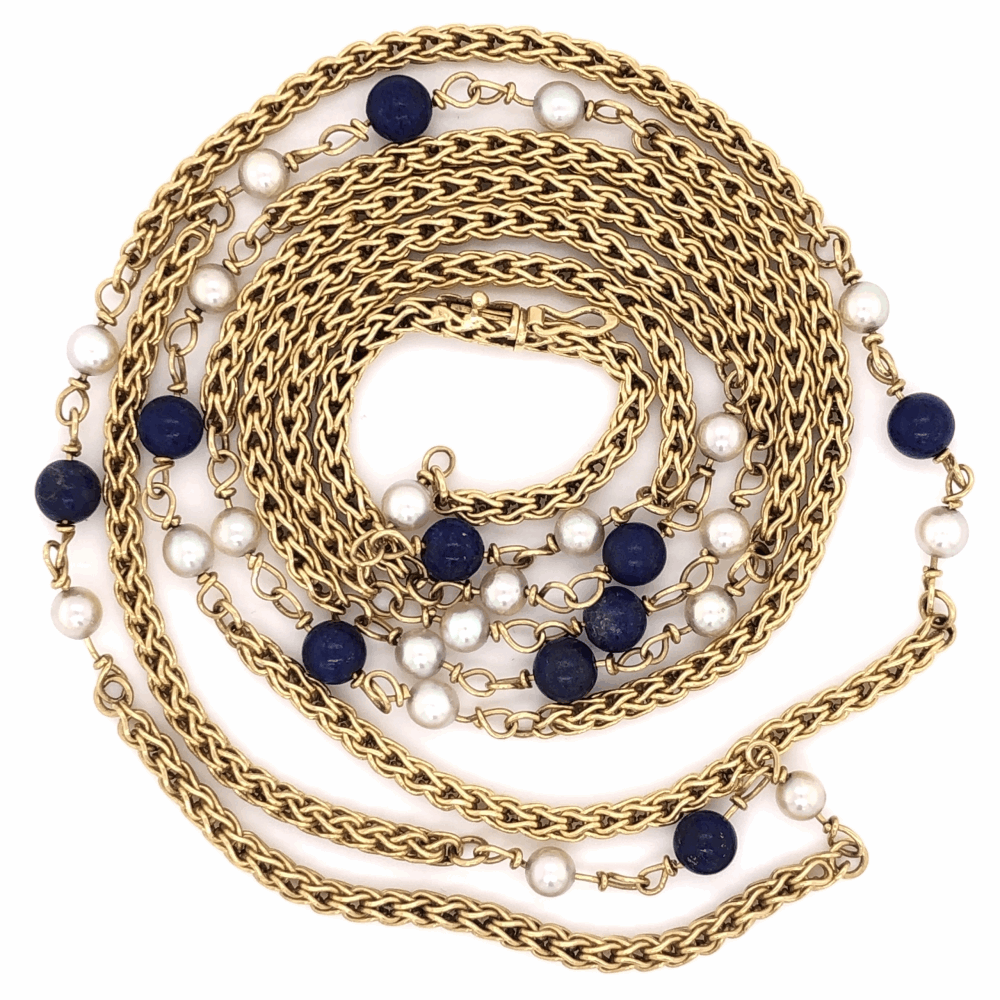 18K Yellow Gold TIFFANY & CO 1970's 48" Long Chain Pearls & Lapis