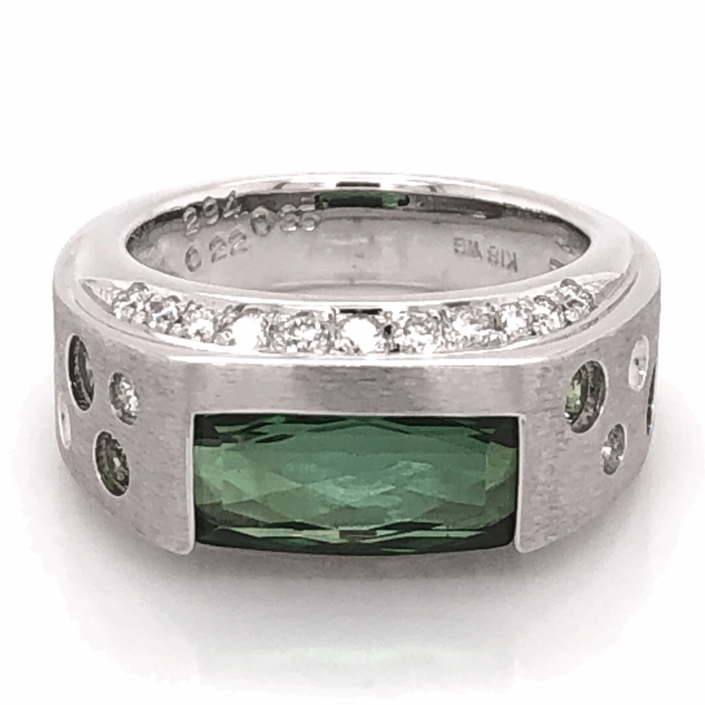 Size 5.75 18K White Gold Modern Design Ring 2.94ct Green Tourmaline .55tcw white & green Diamonds 11.4g, s5.75