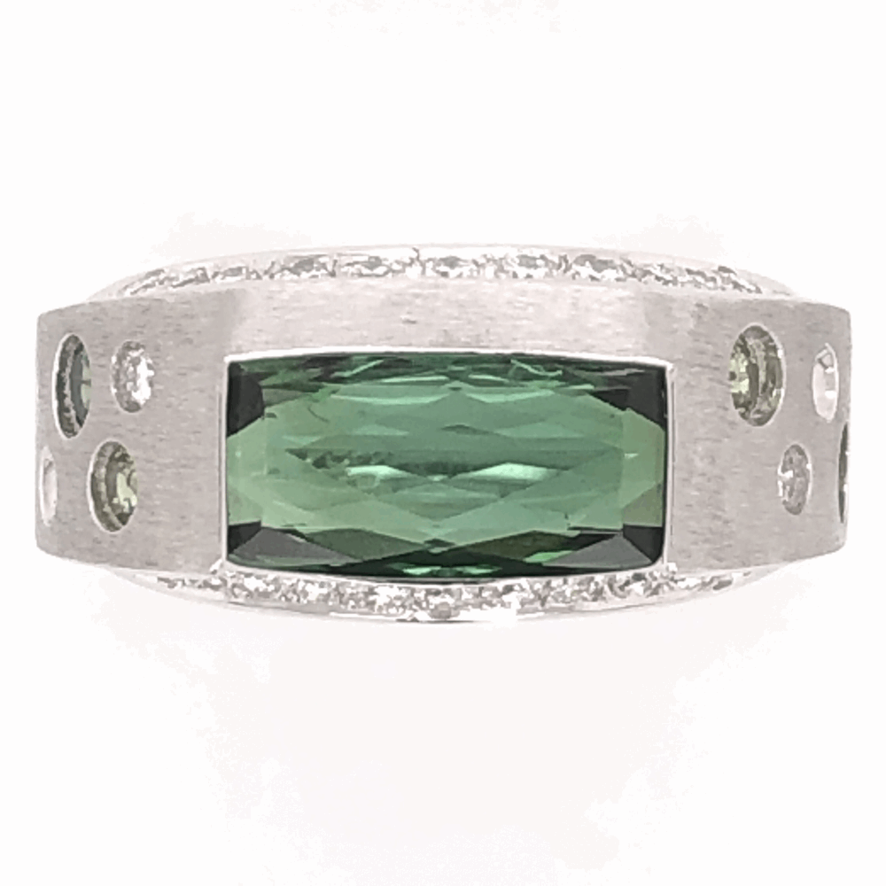 Image 2 for 18K White Gold Modern Design Ring 2.94ct Green Tourmaline .55tcw white & green Diamonds 11.4g, s5.75