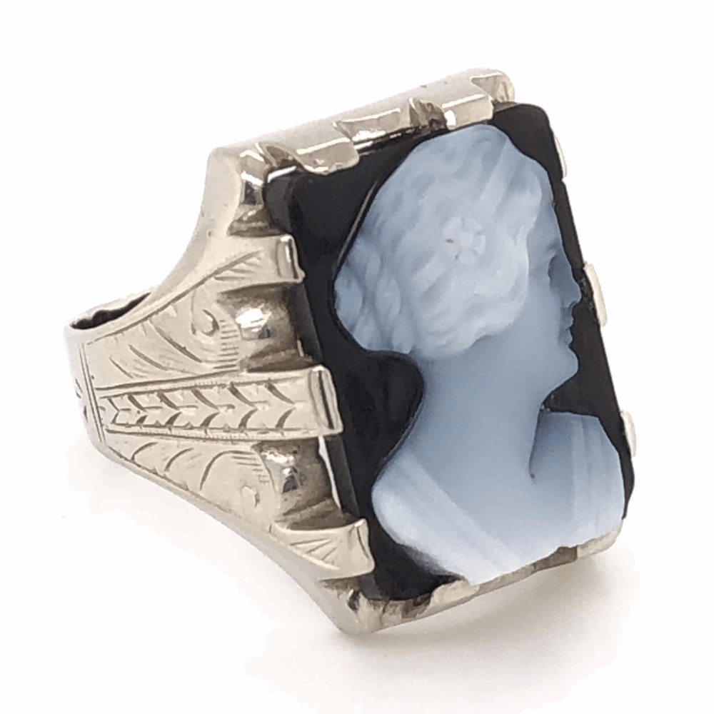 14K White Gold Sardonyx Cameo Mens Ring with engraving 8.9g, s9.25