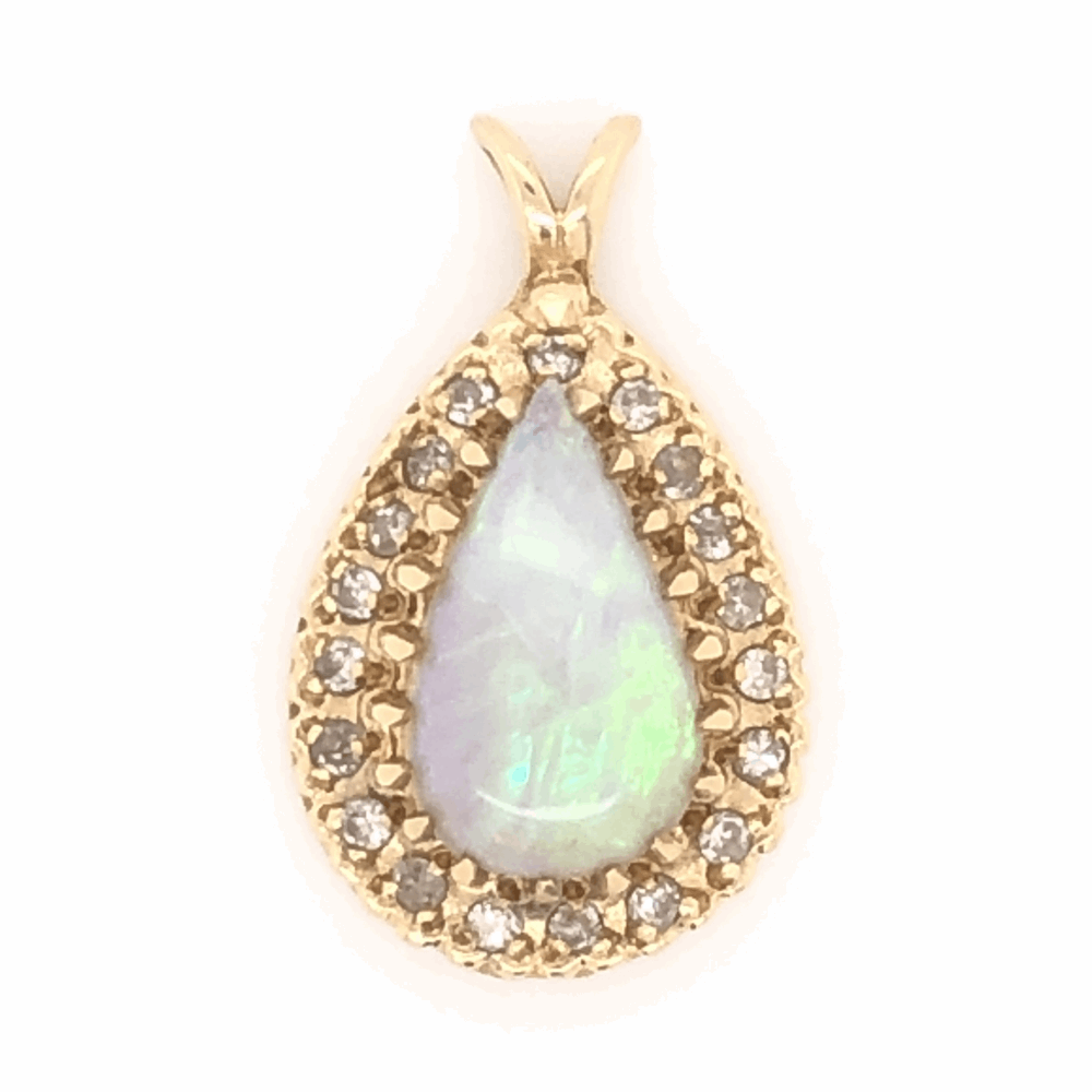 14K Yellow Gold 3ct Pear Shaped Opal & .38tcw Diamond Pendant 3.2g, 7/8" Tall