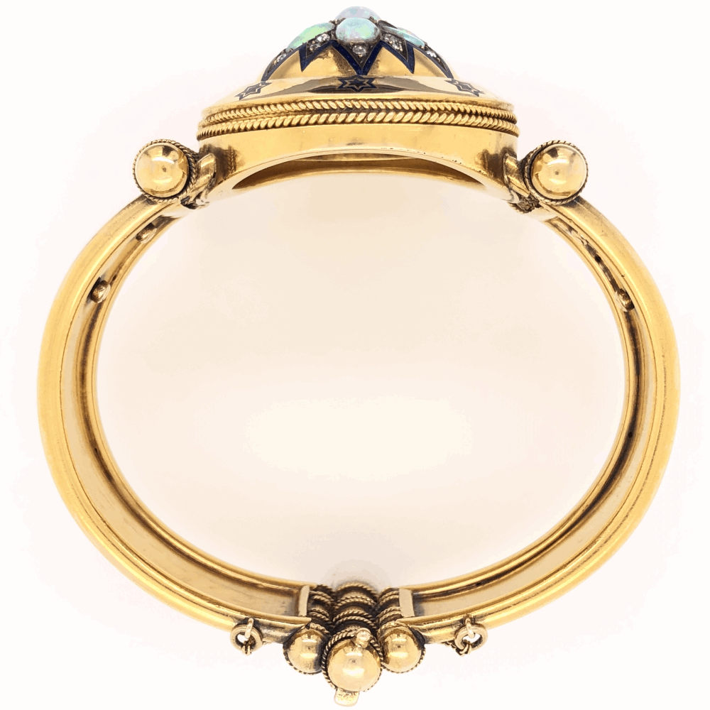 Image 2 for 18K Yellow Gold Victorian Diamond Enamel Large Bangle Bracelets 2.20tcw Opal, .70tcw Diamonds 64.6g
