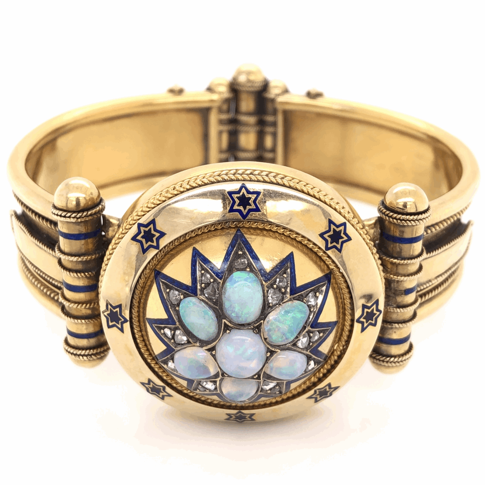 18K Yellow Gold Victorian Diamond Enamel Large Bangle Bracelets 2.20tcw Opal, .70tcw Diamonds 64.6g