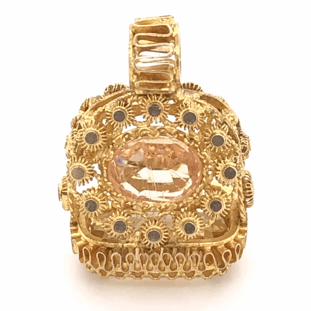 22K Yellow Gold Stamp Pendant Citrine & Peach Stone 4.1g, 7/8" Tall