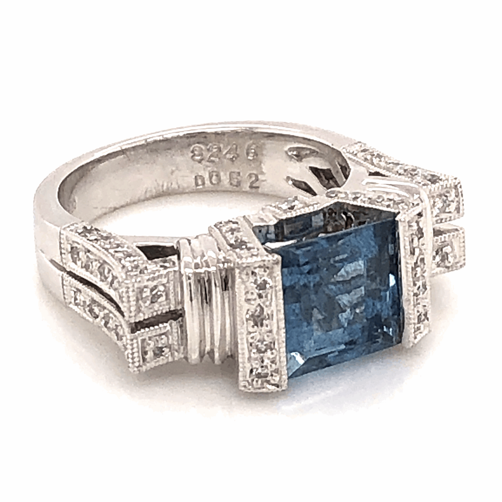 Image 2 for Platinum Ring 2.46ct Square Deep Aquamarine GIA with .52tcw diamonds