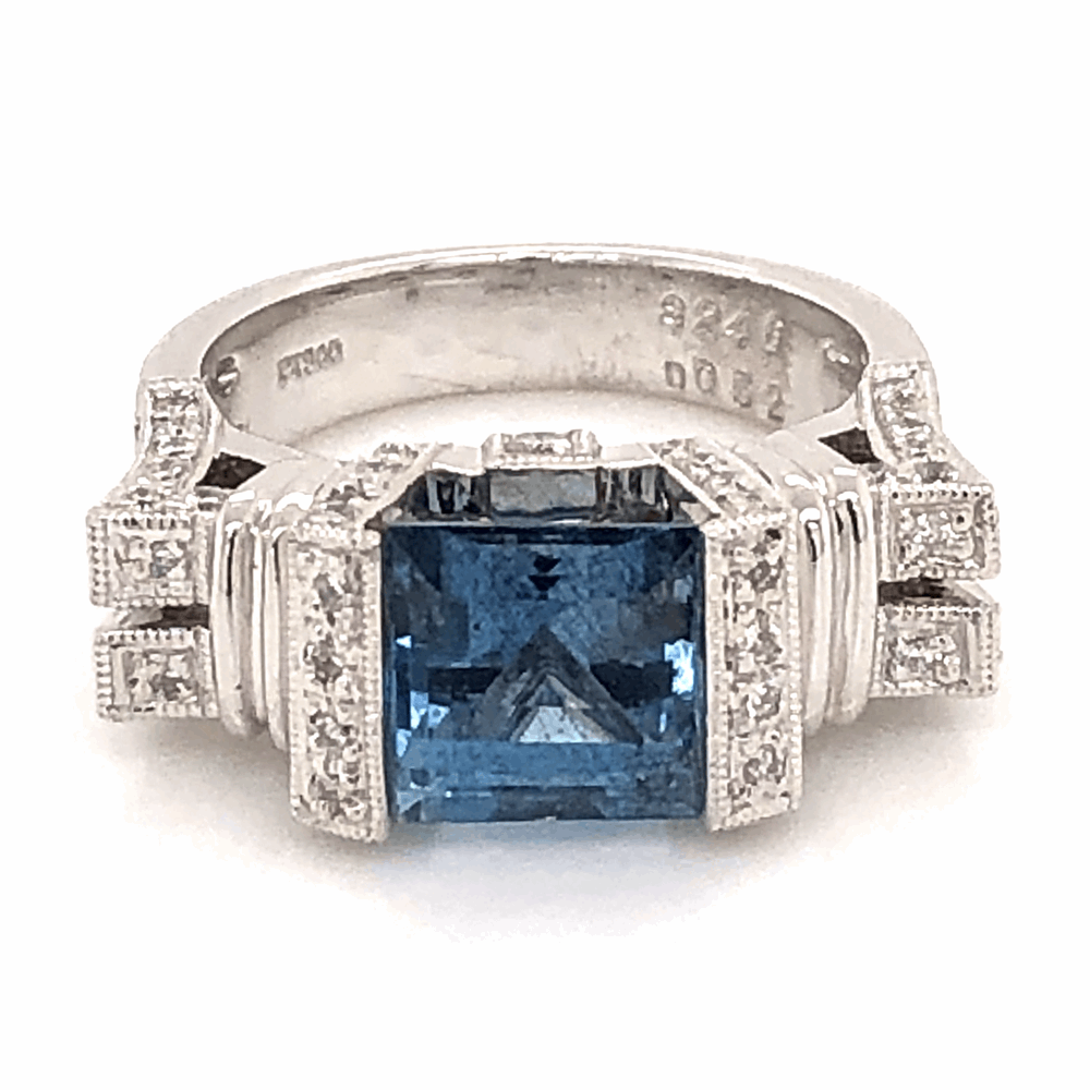 Platinum Aquamarine ring with diamonds. Size 6.25.
GIA 2203492568 Platinum Ring 2.46ct Square Deep Aquamarine GIA with .52tcw diamonds