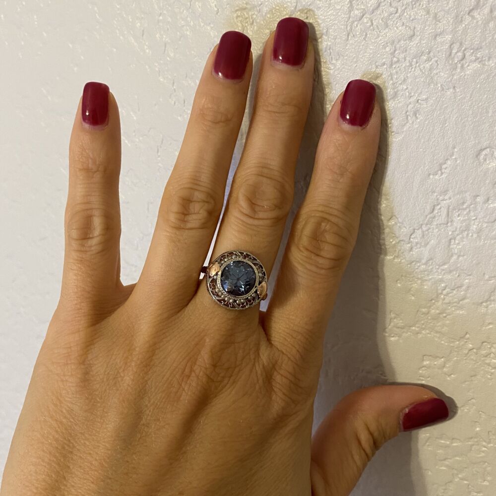 Image 2 for 14K Gold Art Deco Ring w/ Blue Glass Stone, Seed Pearls, c1930,