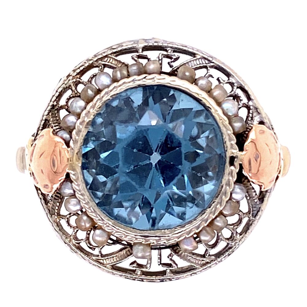 Art Deco 14K white and rose gold ring with blue glass stone and seed pearls. Circa 1930. 4.2g, size 7.5 14K Gold Art Deco Ring w/ Blue Glass Stone, Seed Pearls, c1930,