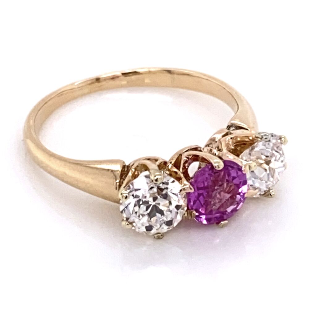 Image 2 for 14K Rose Gold VIctorian 3 stone Ring, 1 Pink Sapphire .50ct & 2 OEC Diamonds .90tcw, s5.5