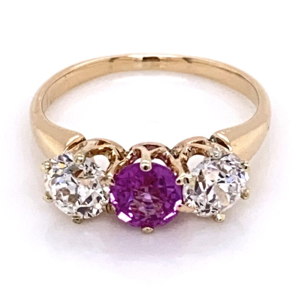 14K Rose Gold Victorian 3 stone Ring. Size 5.5. 14K Rose Gold VIctorian 3 stone Ring, 1 Pink Sapphire .50ct & 2 OEC Diamonds .90tcw, s5.5
