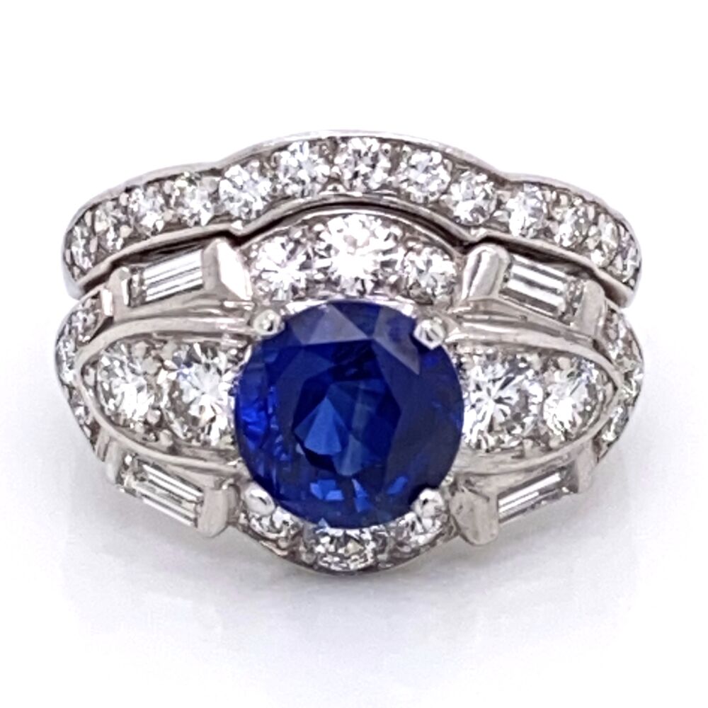Image 2 for Platinum Art Deco Ring Set 2.57ct Round Blue Sapphire & 1.80tw OEC Diamonds, s6.5