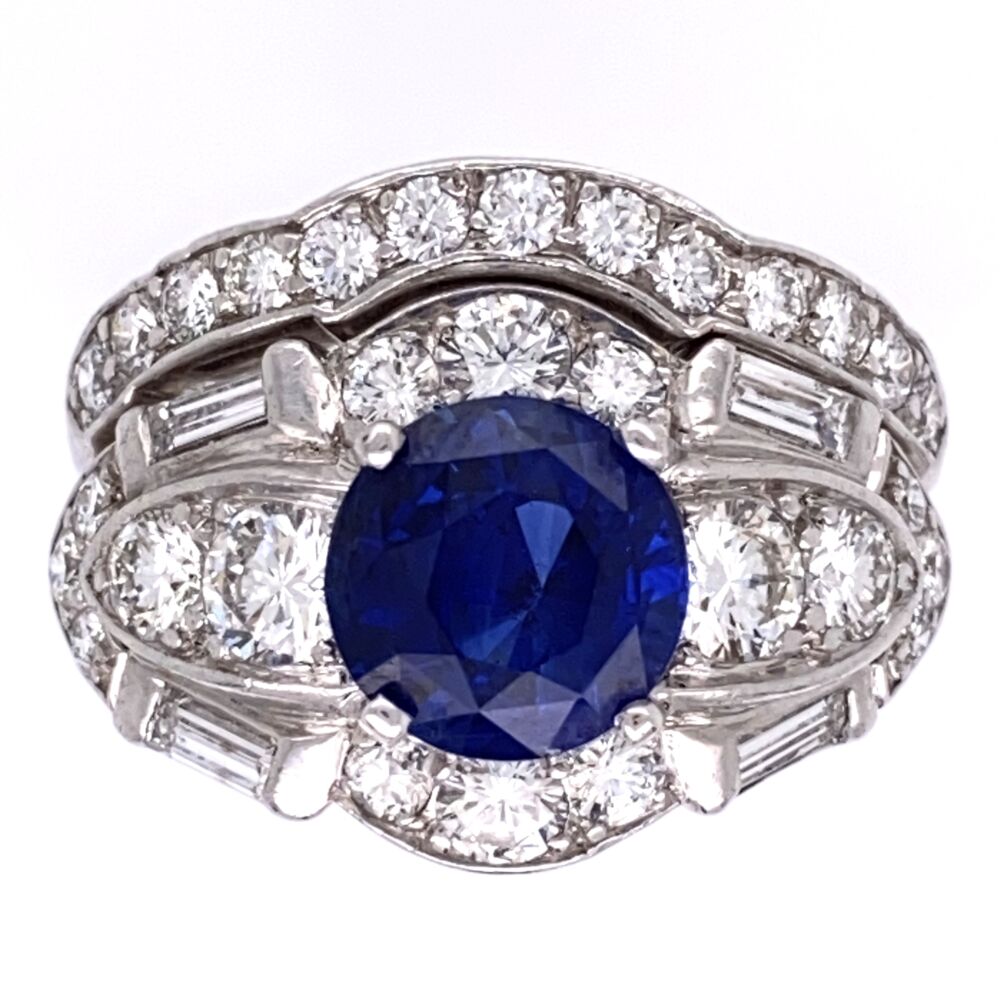Size 6.5 Platinum Art Deco Ring Set 2.57ct Round Blue Sapphire & 1.80tw OEC Diamonds, s6.5