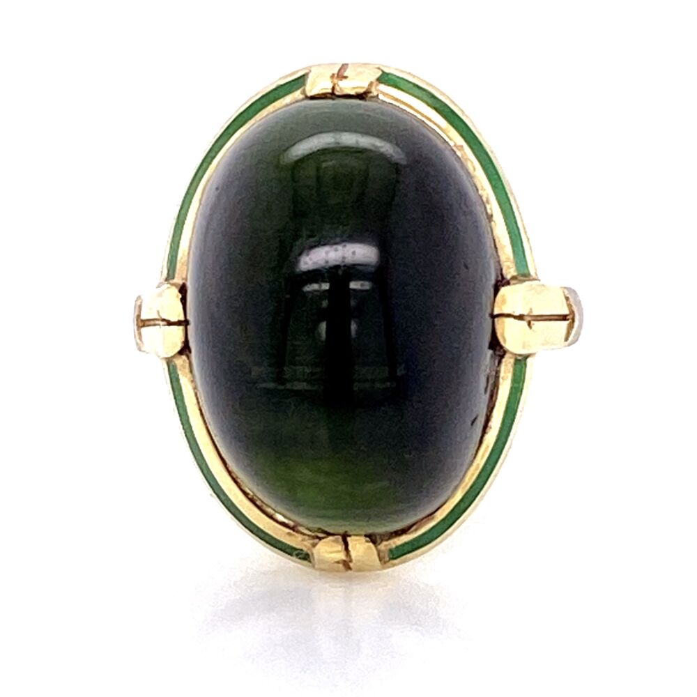 Image 2 for 14K Yellow Gold Arts & Crafts Cat's Eye Tourmaline Ring with Engraving & Green Enamel