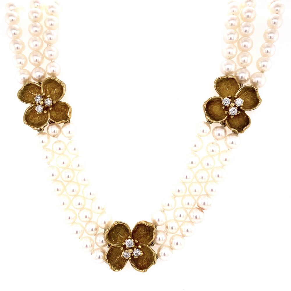 Image 2 for 18K Yellow Gold TIFFANY & CO Triple Strand Pearls Necklace with Four Flower Diamonds Stations 1.00tcw. 16", 5.5mm