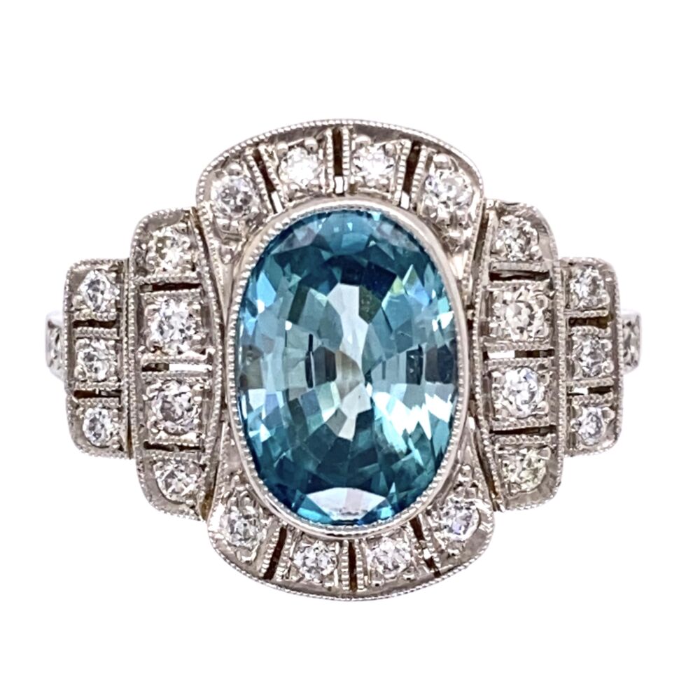 Size 7.25 Platinum Art Deco 3.95ct Oval Blue Zircon & .50tcw OEC Diamond Ring 6.8g, s7.25