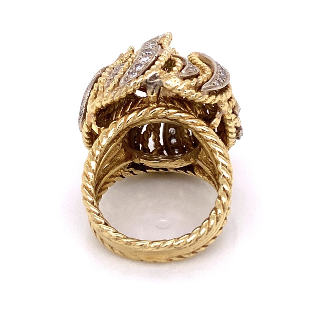 Size 6<div style="position: initial; margin: initial;"><span style="font-size: 16.8px; position: initial; margin: initial;"><a href="https://youtu.be/0ou0PG_umi4" title="https://youtu.be/0ou0PG_umi4" style="text-decoration: none;">https://youtu.be/0ou0PG_umi4</a></span><br style="position: initial; margin: initial;"></div> 14K Yellow Gold 1960's Bombay Petal Ring .55ct Round Brilliant Diamond and .62tcw side diamonds 21.5g, s6