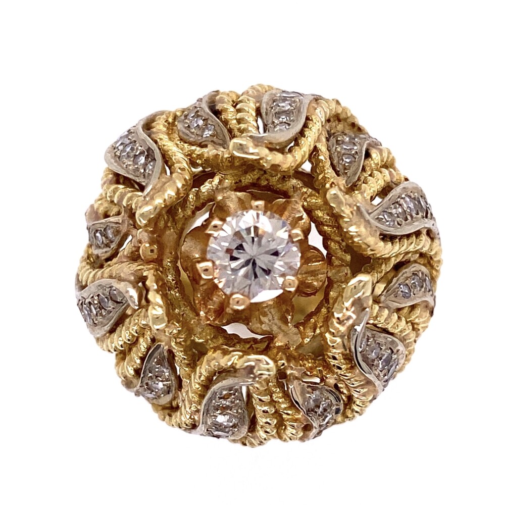 Image 2 for 14K Yellow Gold 1960's Bombay Petal Ring .55ct Round Brilliant Diamond and .62tcw side diamonds 21.5g, s6