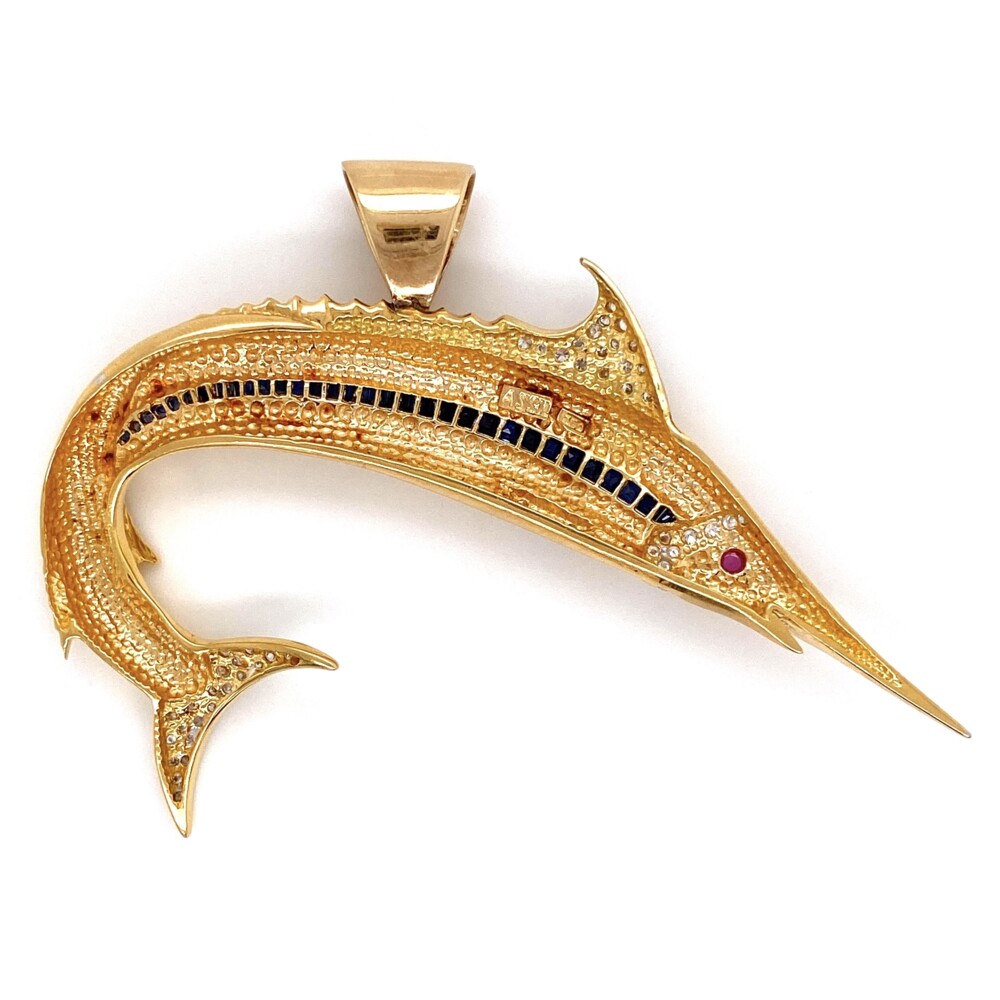 Image 2 for 18K Yellow Gold Large Marlin ASSIL Pendant .065tcw Diamonds, 1.20tcw Sapphires & Ruby Eye 21.0g 3" wide