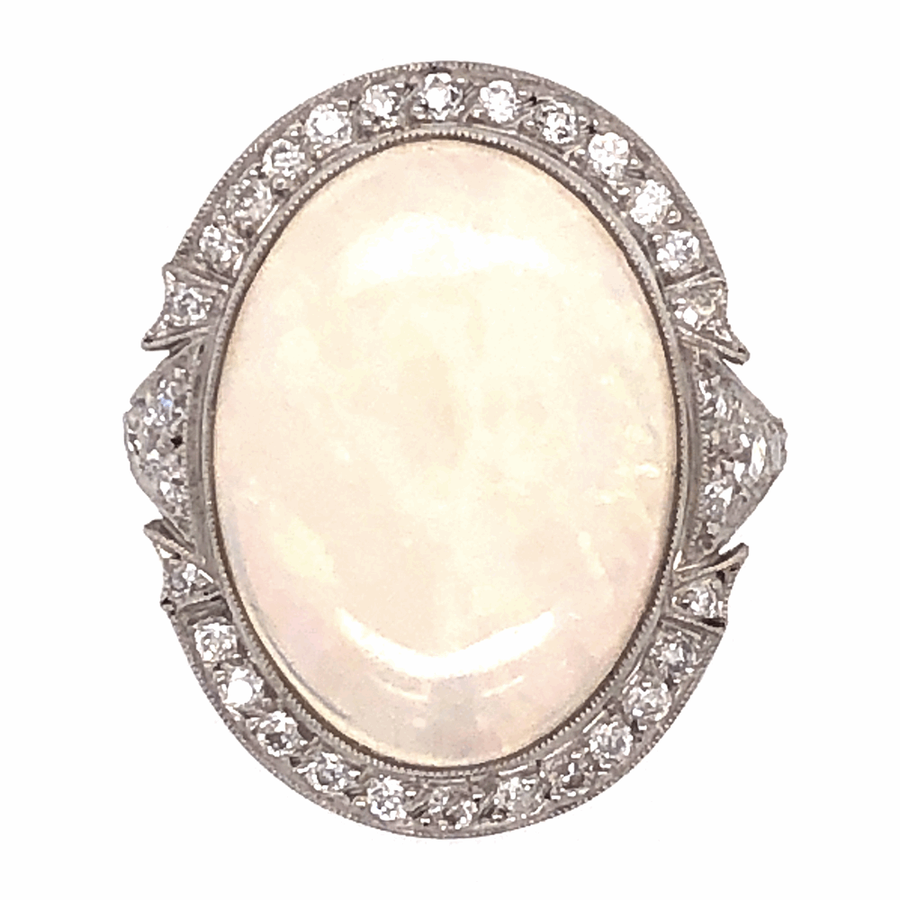 Size 7 Platinum Oval Cabochon Australian Opal 5.34ct and diamond ring, 6.4g, s7