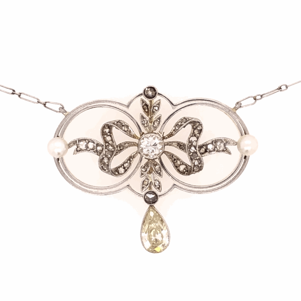 Image 2 for Platinum on 18K Yellow Gold Edwardian Necklace with Pearls & .70tcw Diamonds, 18" Long Chain